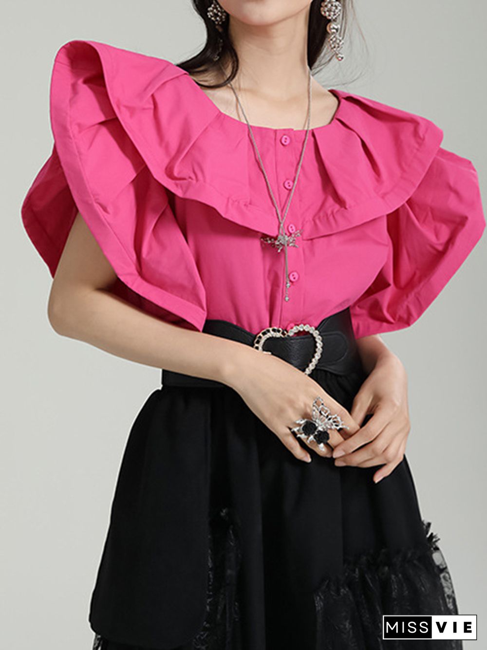 Loose Short Sleeves Falbala Pleated Solid Color Split-Joint Round-Neck Blouses