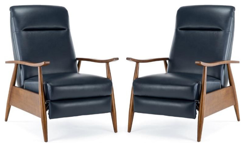 Home Square 2 Piece Faux Leather Wooden Arm Recliner Chair Set in Midnight Blue   Midcentury   Recliner Chairs   by Homesquare  Houzz