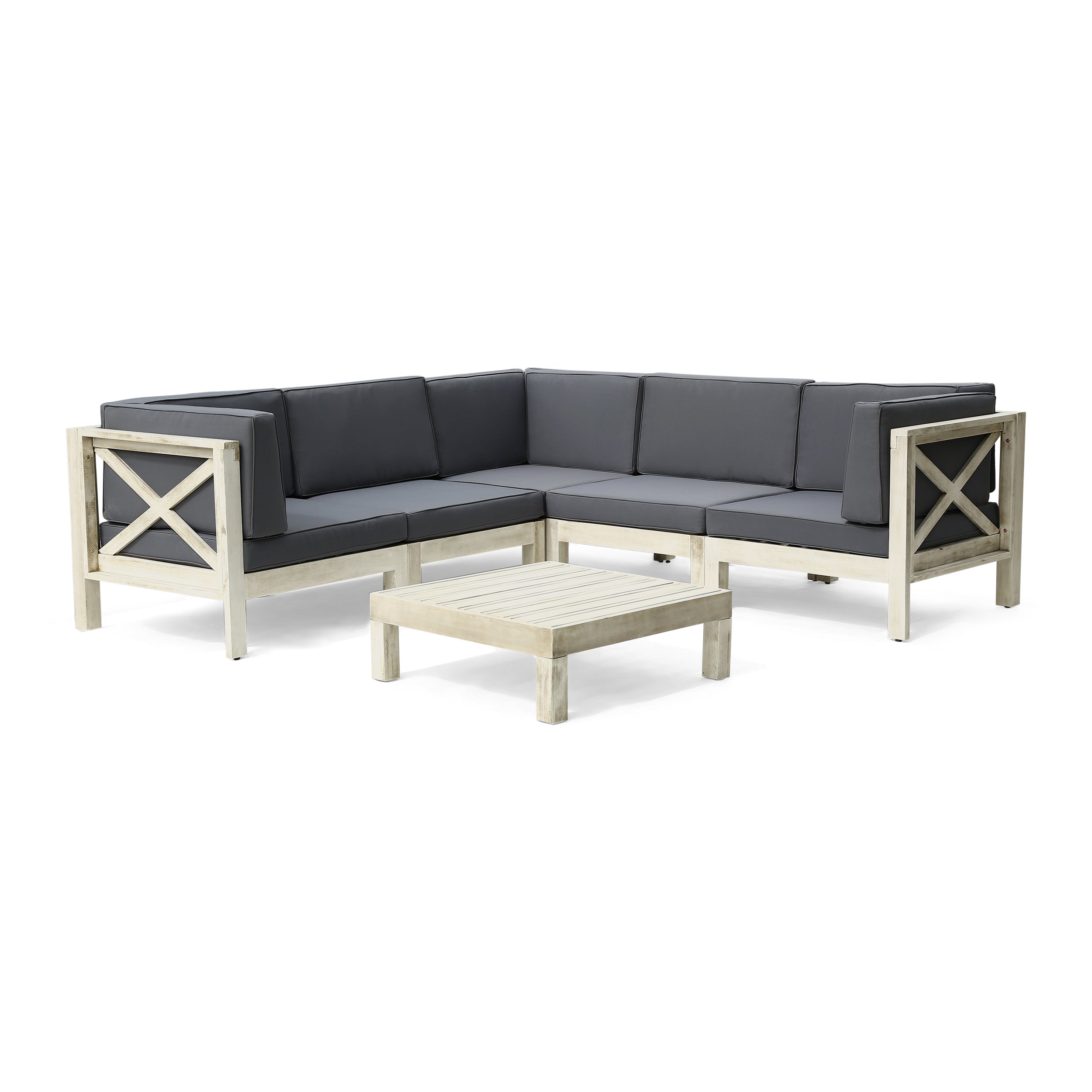 Brava Outdoor 5-Seater Gray Acacia Wood Sectional Sofa Set with Coffee Table