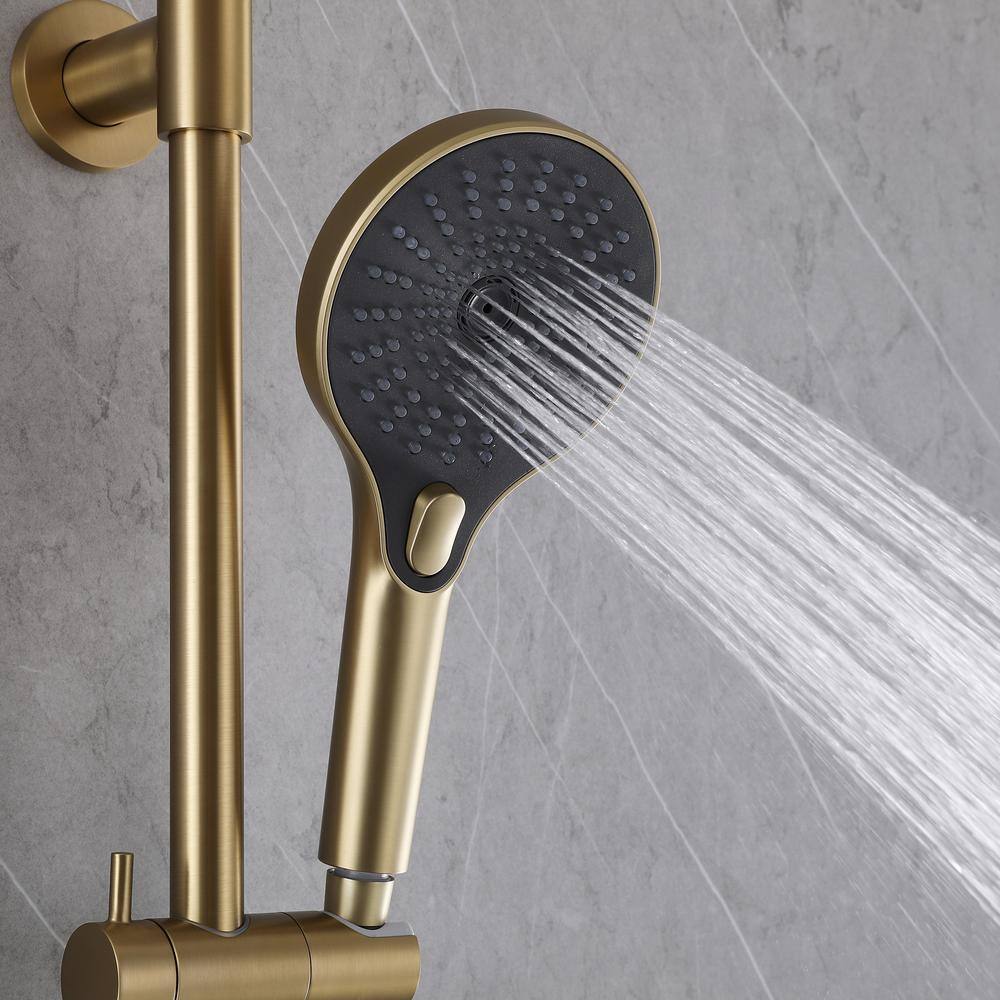 Tomfaucet 2-Spray Patterns 10 in. Wall Mount Dual Shower Heads with 3-Setting Hand Shower System in Brushed Gold TFK0113BG