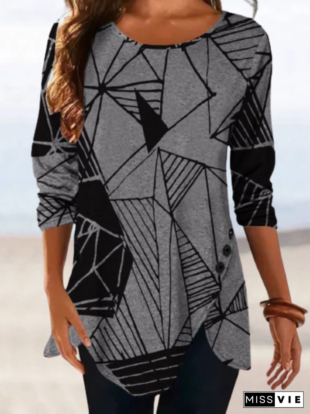 Casual Abstract Long Sleeve Crew Neck Plus Size Printed Tops T-shirts