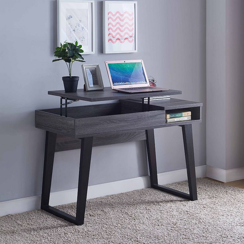 FC Design Distressed Grey and Black Home Office Computer Desk with Extendable Top