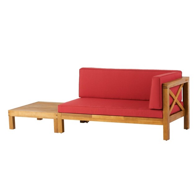 2pc Brava Outdoor Acacia Wood Right Arm Loveseat amp Coffee Table With Cushion Teak red Christopher Knight Home