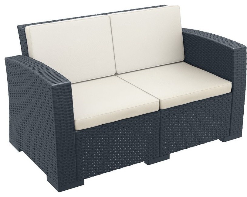 Monaco Resin Patio Loveseat Dark Gray with Sunbrella Natural Cushion   Tropical   Outdoor Loveseats   by Homesquare  Houzz