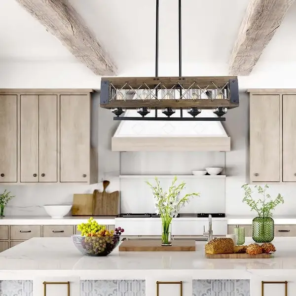 Modern Farmhouse Wood Island Chandelier Linear Glass Shade Hanging Rods Ceiling Lighting Fixture - W 31.9