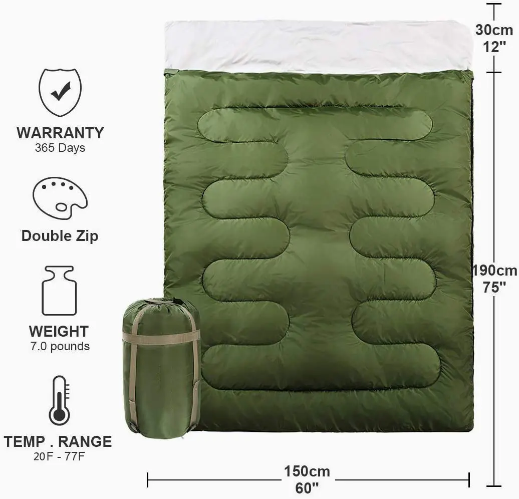 4 Seasons Ultralight Thermal Camping Hunting Double Slicing Envelope Wide Rectangular Sleeping Bag Green Warm Weather 1pcs