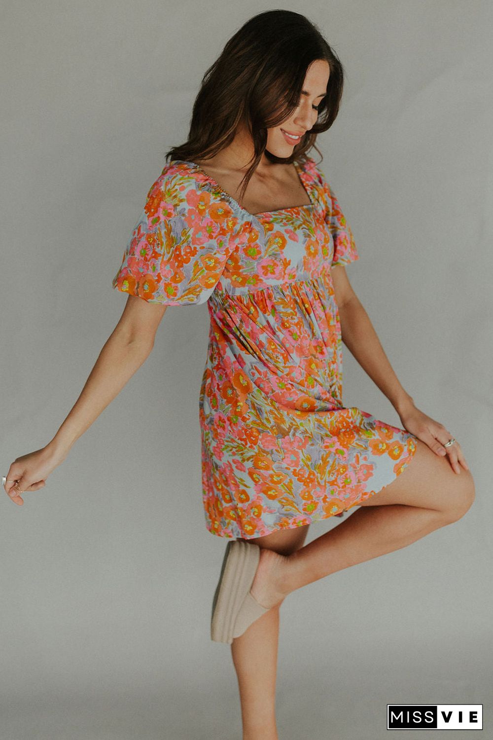 Orange High Waist Square Neck Puff Sleeve Floral Dress