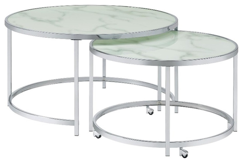 Coaster Lynn 2 piece Metal Round Nesting Table White and Chrome   Contemporary   Coffee Table Sets   by Homesquare  Houzz