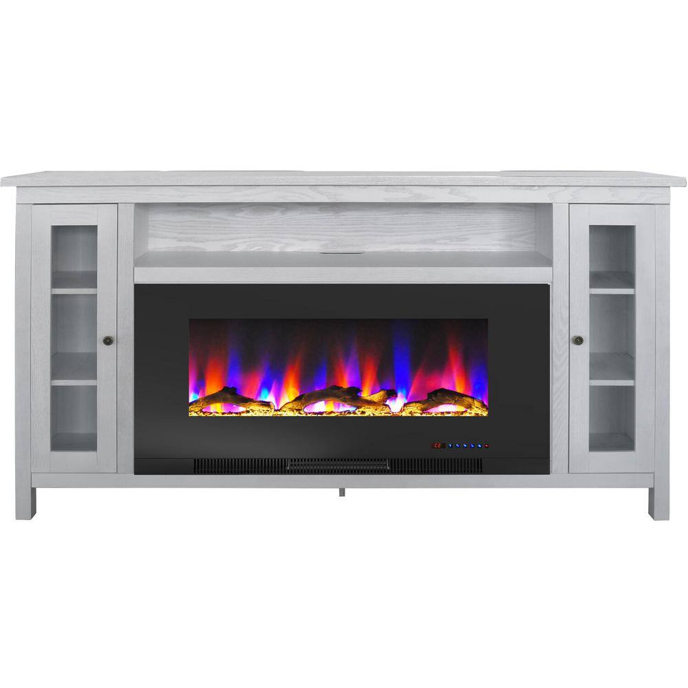 Hanover Brighton 69.7 in. W Freestanding Electric Fireplace TV Stand in White with Driftwood Log Display FS6938-2BWT