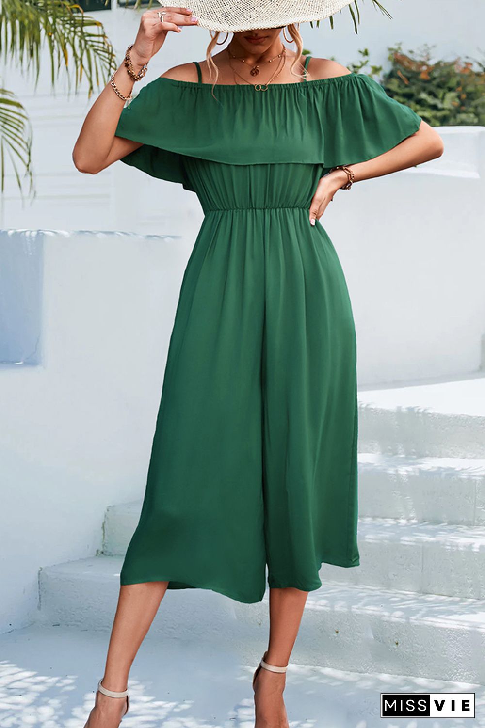 Plain Off Shoulder High Waist Wide Leg Jumpsuit