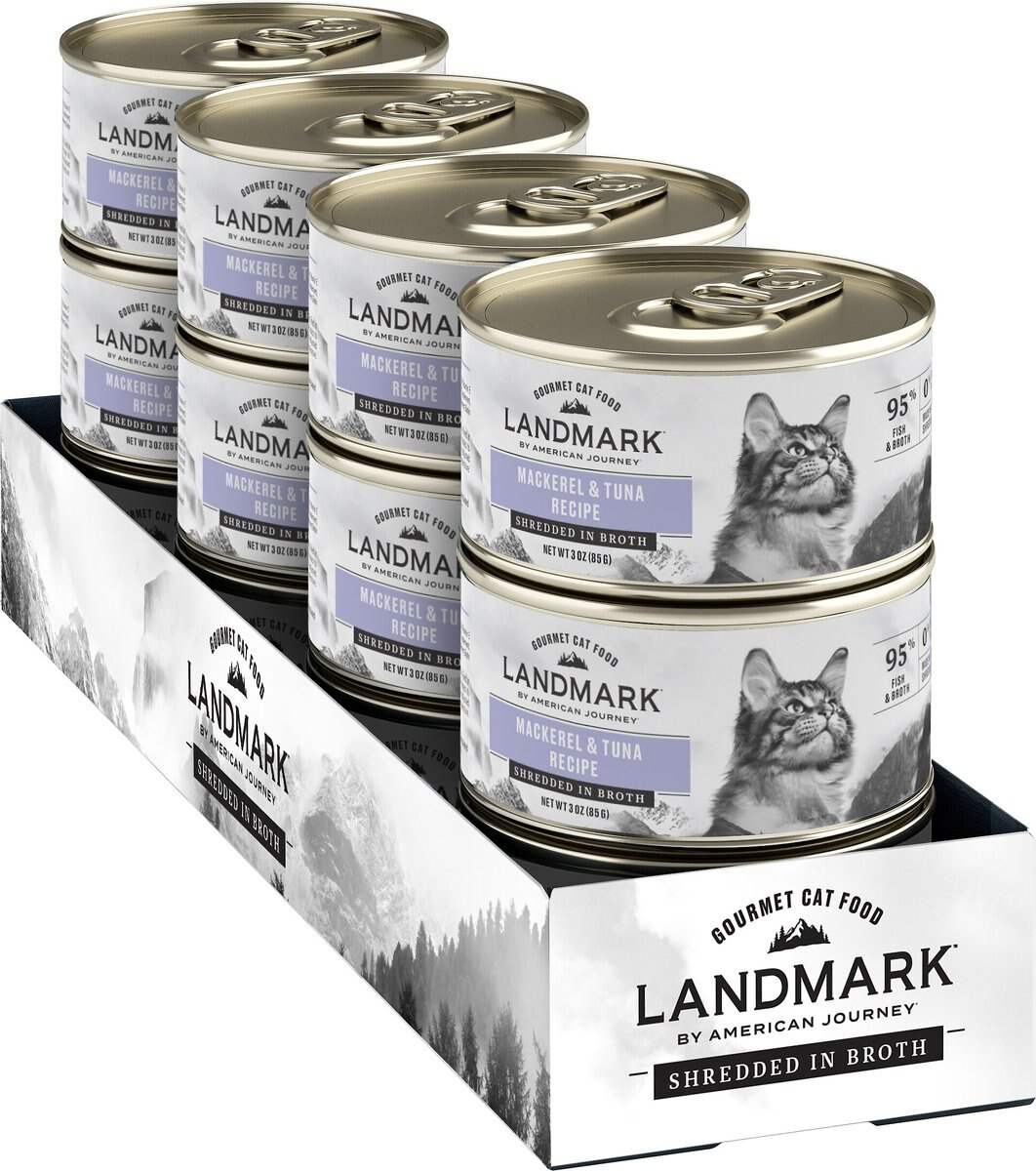 American Journey Landmark Mackerel and Tuna Recipe in Broth Grain-Free Canned Cat Food， 3-oz， case of 12