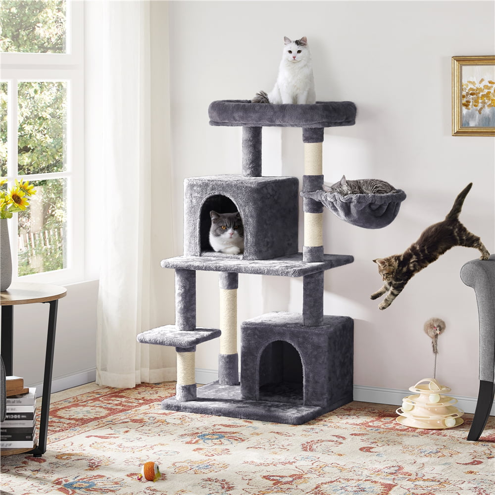 Topeakmart 46.5in Multilevel Cat Tree Condo Scratching Post Tower with Basket， Dark Gray