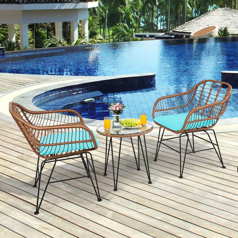 3 Pcs Patio Conversation Bistro Set Outdoor Rattan Furniture Set with Round Table & 2 Rattan Cushioned Armchairs