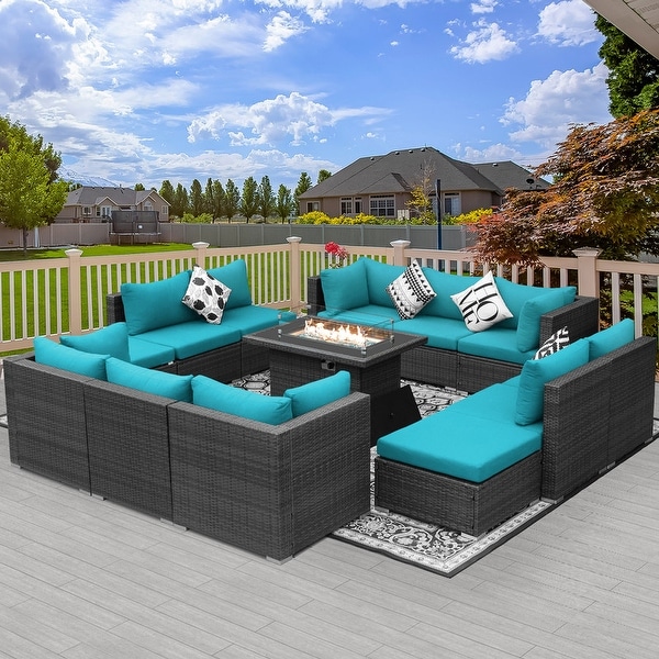 Nicesoul Outdoor Grey Wicker Sectional Furniture Patio Sofa Set with Firepit Table