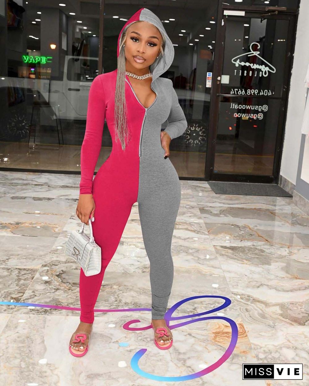 Sexy Colorblock Sweatshirt Long Sleeve Hooded Jumpsuit