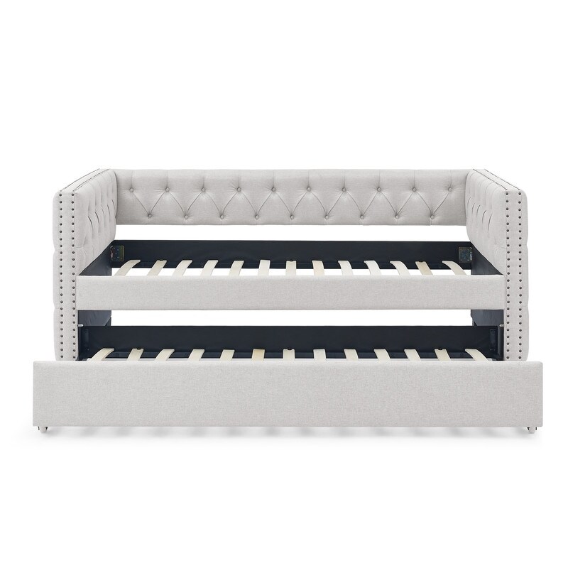 Daybed with Trundle Upgraded Linen Upholstered Twin Size Day Bed Button Tufted Sofa Daybed Frame