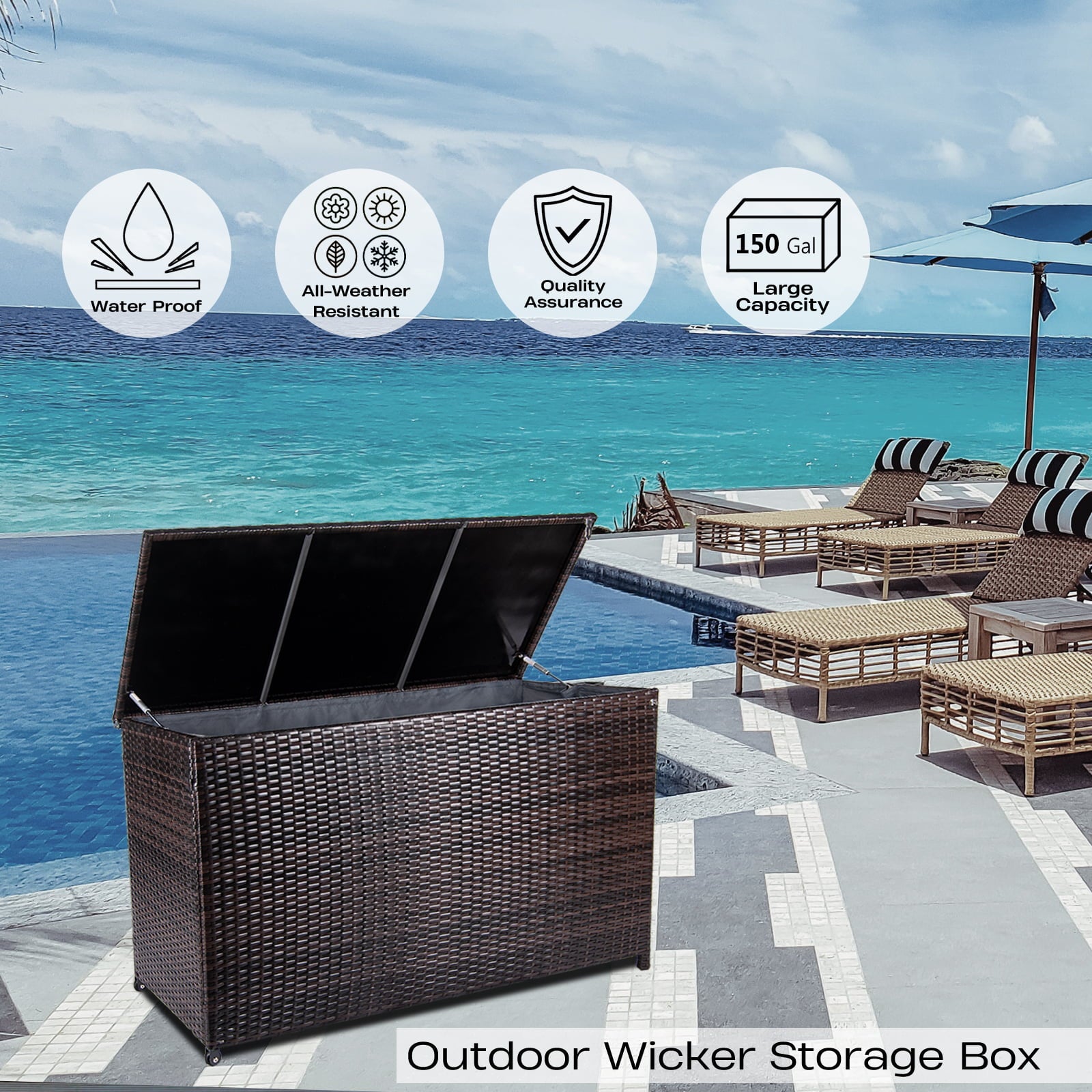 150 Gal Outdoor Storage Wicker Deck Box,Waterproof Lockable Container Rattan Storage Box,Brown