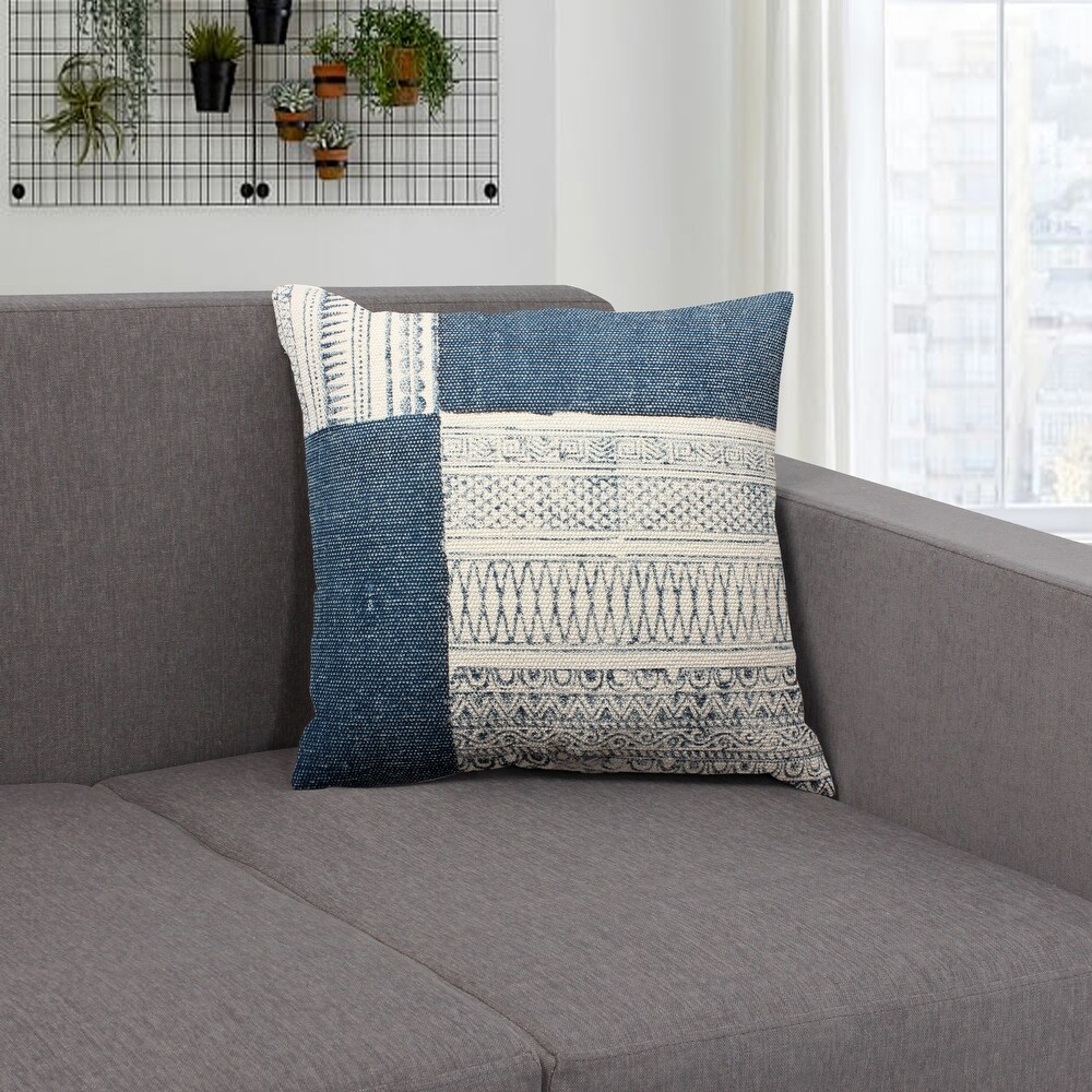 Dae 24 x 24 Square Handwoven Cotton Accent Throw Pillow  Classic Simple Kilim Pattern  Set of 2  Blue  Off White