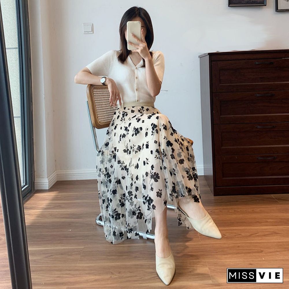 Spring Summer Women Long Maxi Pleated Skirt Midi Skirt High Waist Elascity Casual All-Match A- Line High Waist Streetwear Skirts