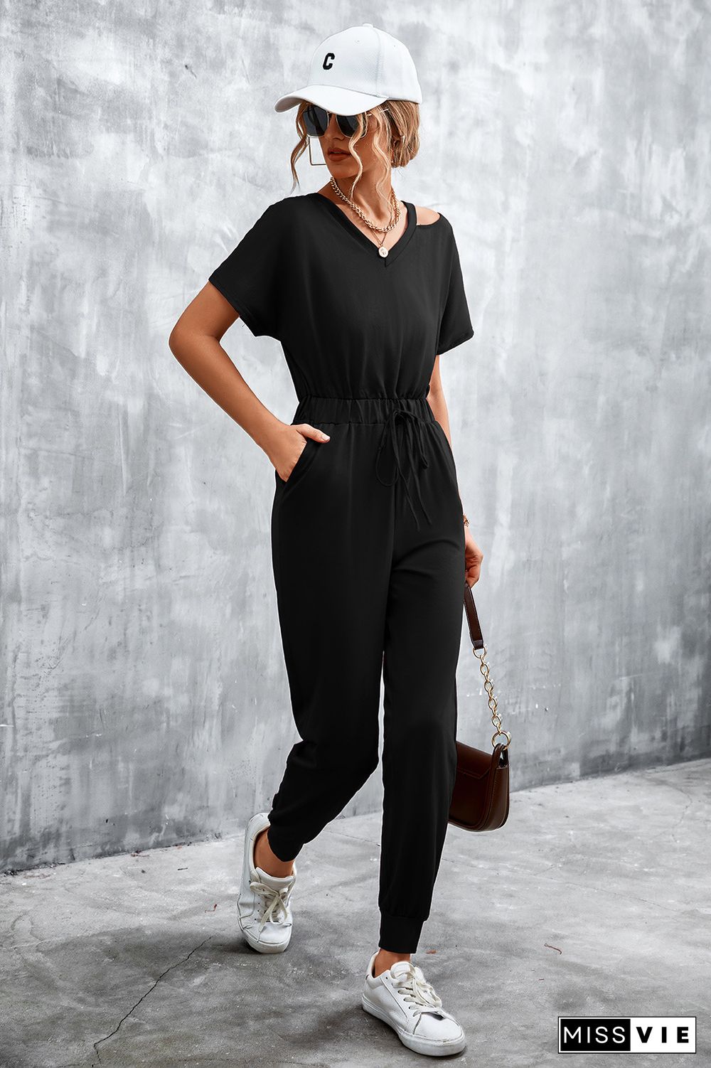 Cut Shoulder Drawstring Waist Sleeveless Jumpsuit