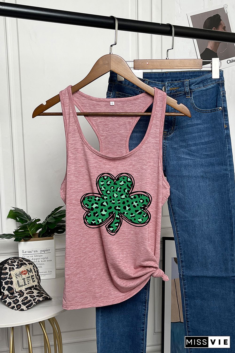 St Patricks Day,Leopard Shamrock Sleeveless Tank Top Wholesale