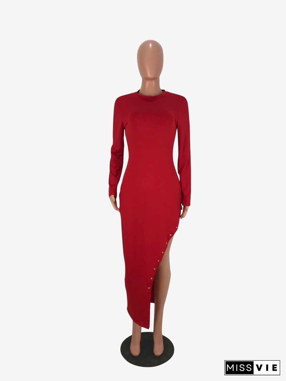 Red Long Sleeves Round Neck Nail Bead Splits Maxi Dress