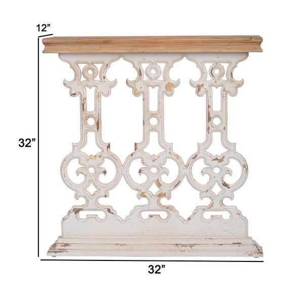 32 Inch Console Table， Fir Wood， Traditional， Scrollwork， Whitewash， Brown