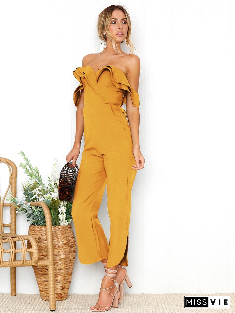 Black Sleeveless Plain Casual Off Shoulder Zip Back Jumpsuit