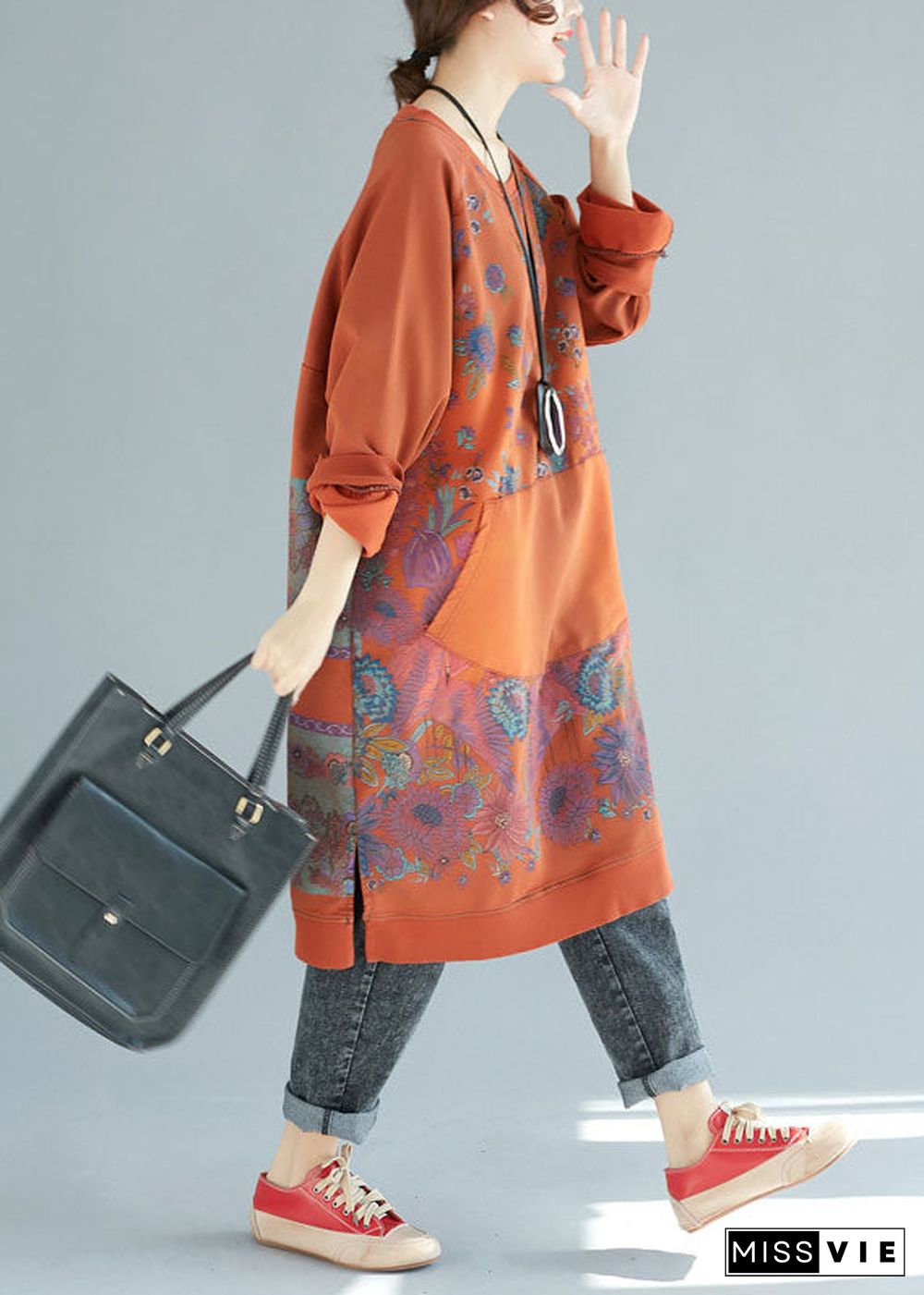 Organic Orange Pockets Patchwork Print Cotton Dresses Spring