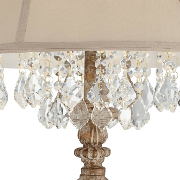 Tall Distressed Faux Wood Candlestick Crystal Glass Beading Cream Bell Shade For Living Room