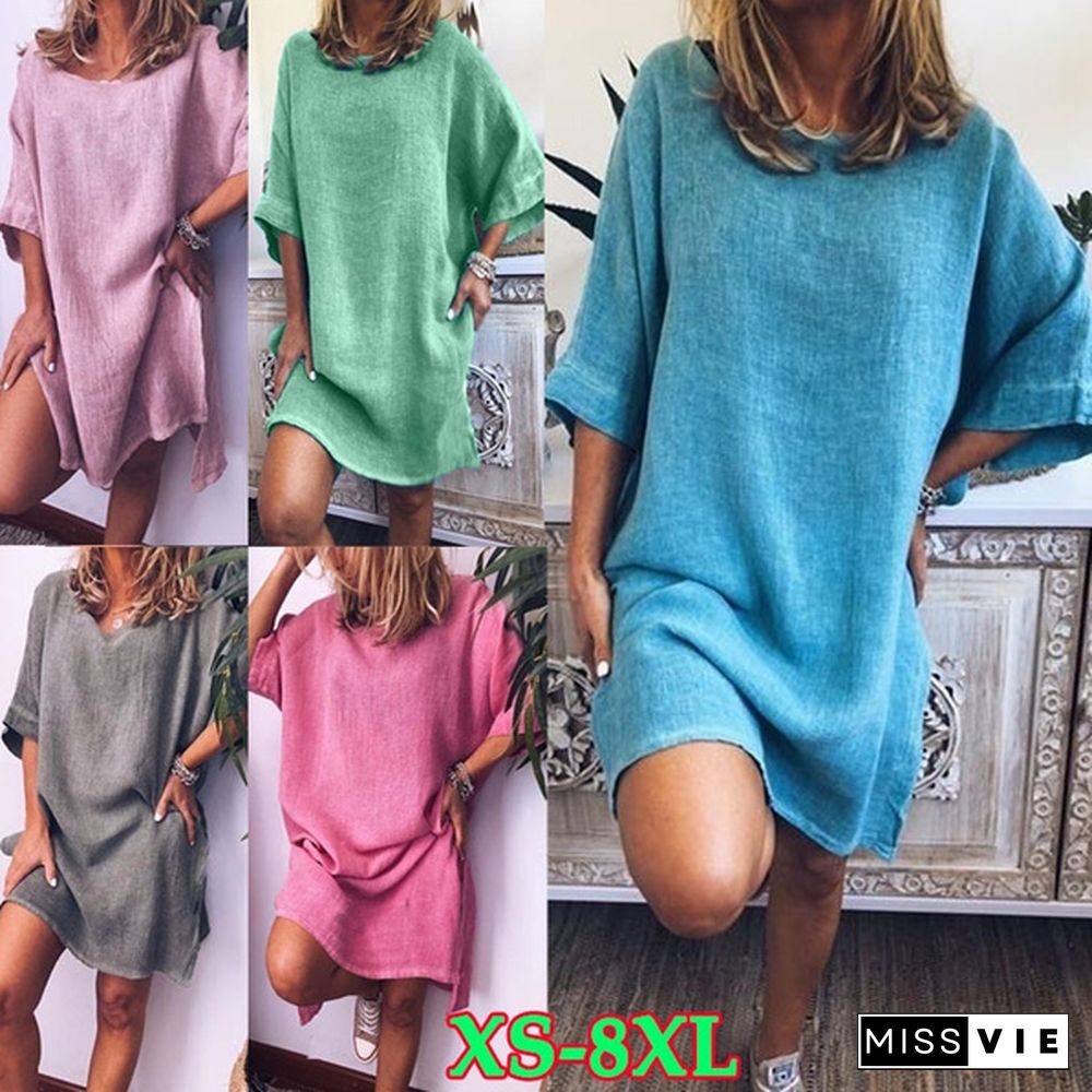 7 Colors XS-8XL Women's Summer Fashion Short Sleeve Solid Color Beach Wear Slit Long Linen Blouses Ladies Casual Plus Size Loose Short Dress O-neck T-shirts Dress