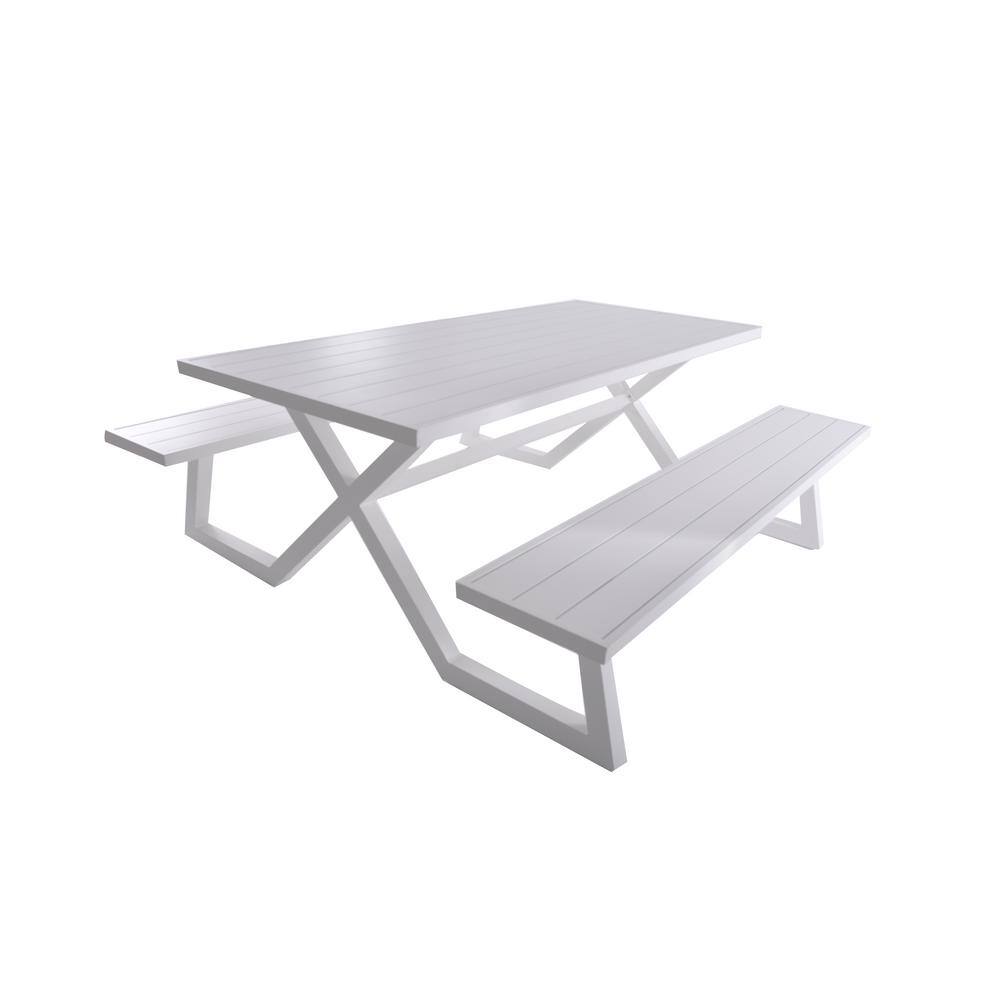 Vivere Banquet White Rectangle Aluminum Picnic Table with Attached Bench Seating BDAT-WH