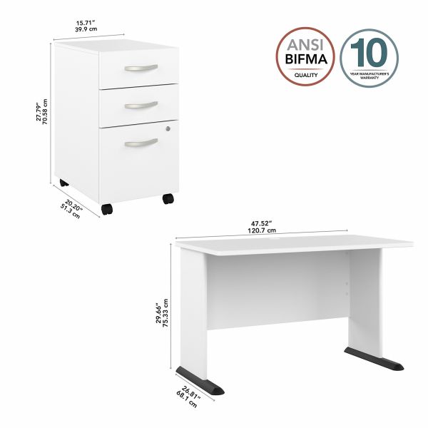 Bush Business Furniture Studio A 48W Computer Desk with 3 Drawer Mobile File Cabinet in White