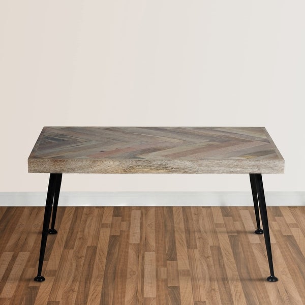 36-Inch Rectangular Mango Wood Coffee Table， Herringbone Design， Iron Legs