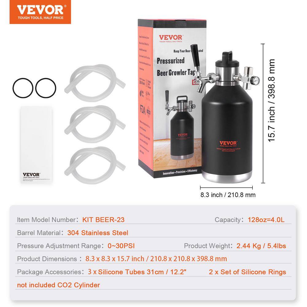 VEVOR Beer Growler Tap System 128 oz. 4L Mini Keg 304 Stainless Steel Pressurized Beer Growler with Pressure Display MNPJTHSY128OZG02SV0