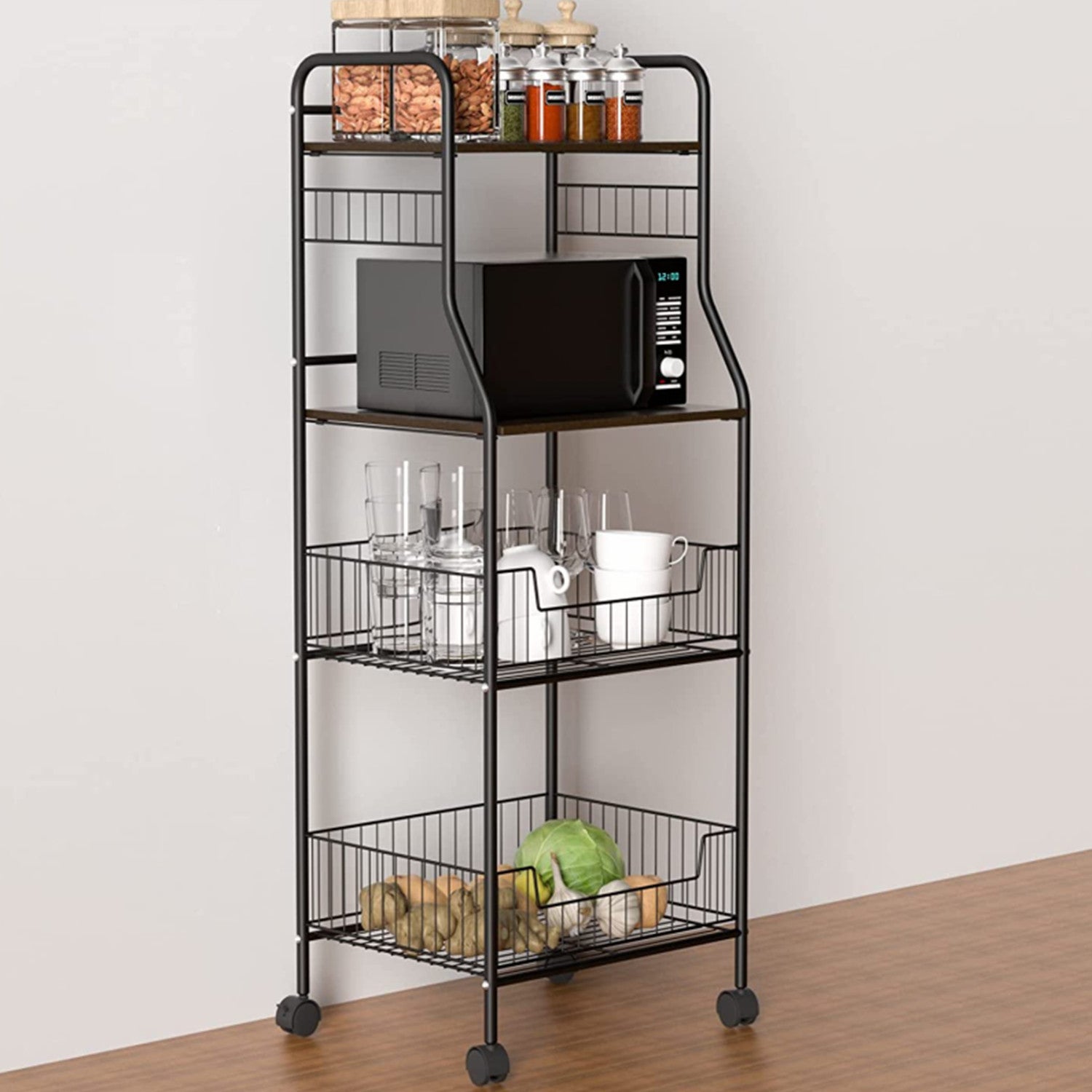 Nisorpa 4-Tier Kitchen Standing Shelf with Rolling Wheels， Baker Rack for Kitchen with Storage as Home Gift， Black