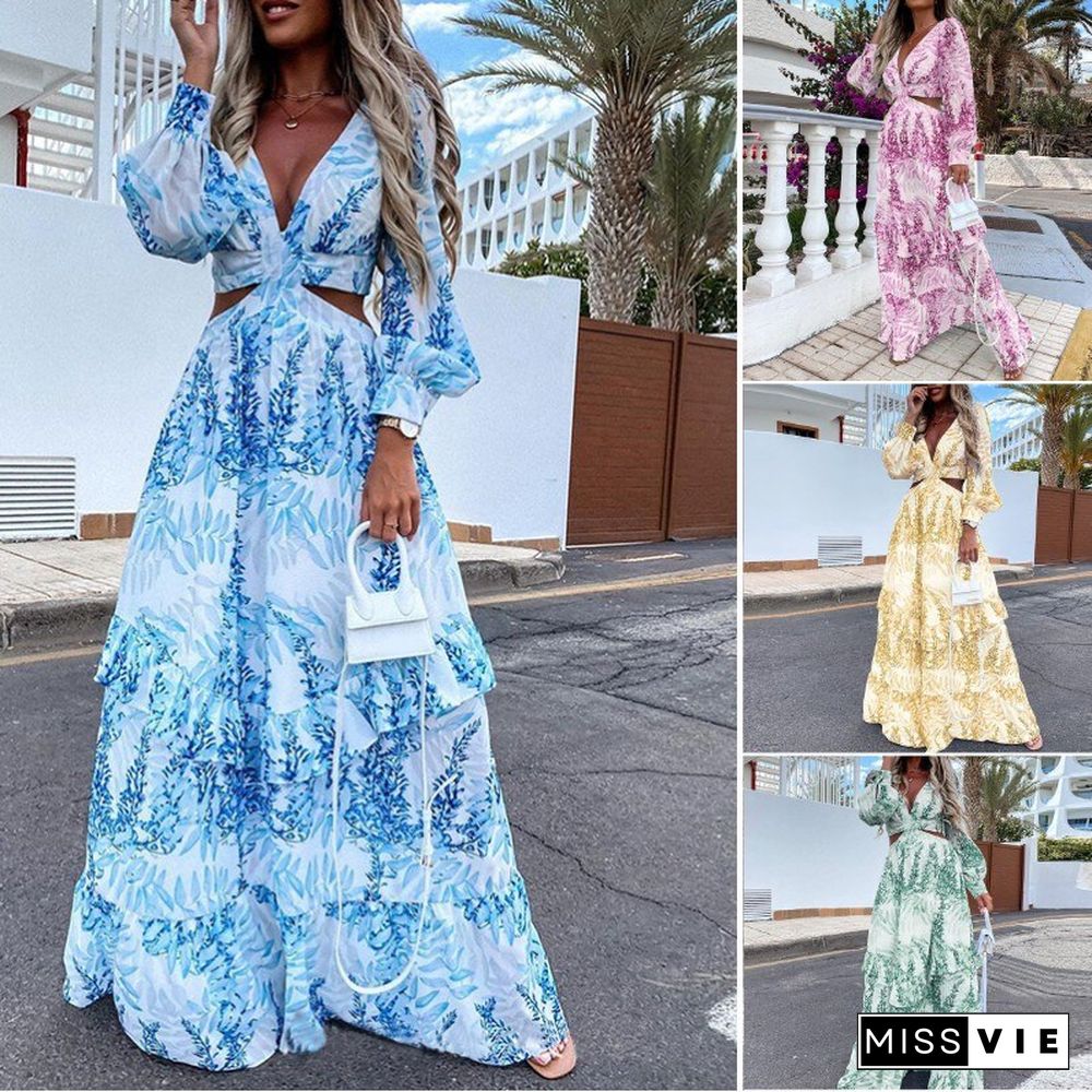 Spring New Long Boho Dress Women Printing V-neck Long-sleeved Temperament Commuter Dress Vestidos De Mujer