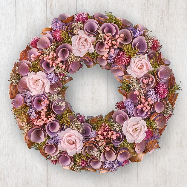 Collections Etc Wooden Pink Rose And Purple Flowers Hanging Wreath