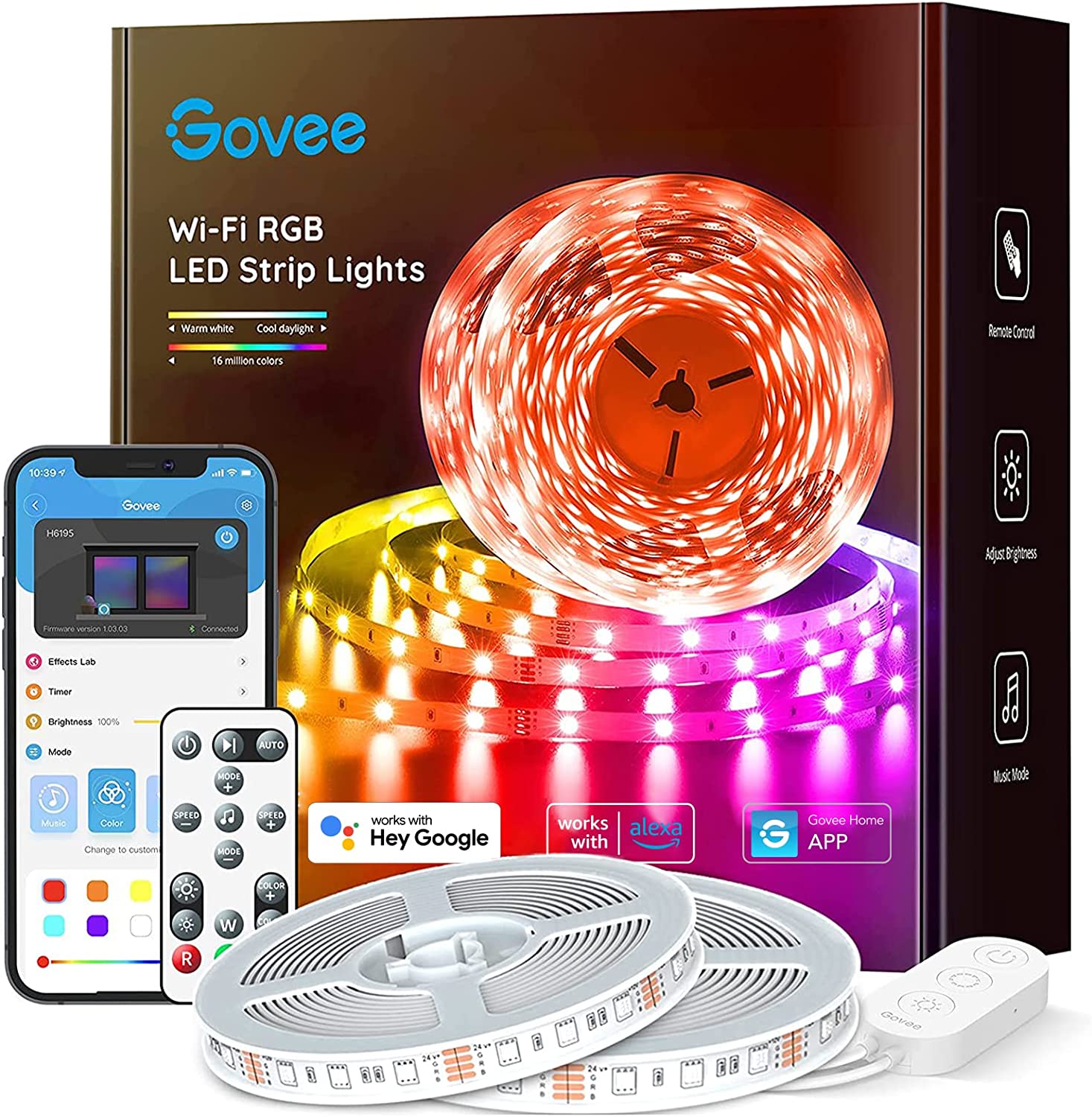 Govee 65.6ft Alexa LED Strip Lights， Smart WiFi RGB Rope Light Works with Alexa Google Assistant， Remote App Control Lighting Kit， Music Sync Color Changing Lights for Bedroom， Living Room， Kitchen