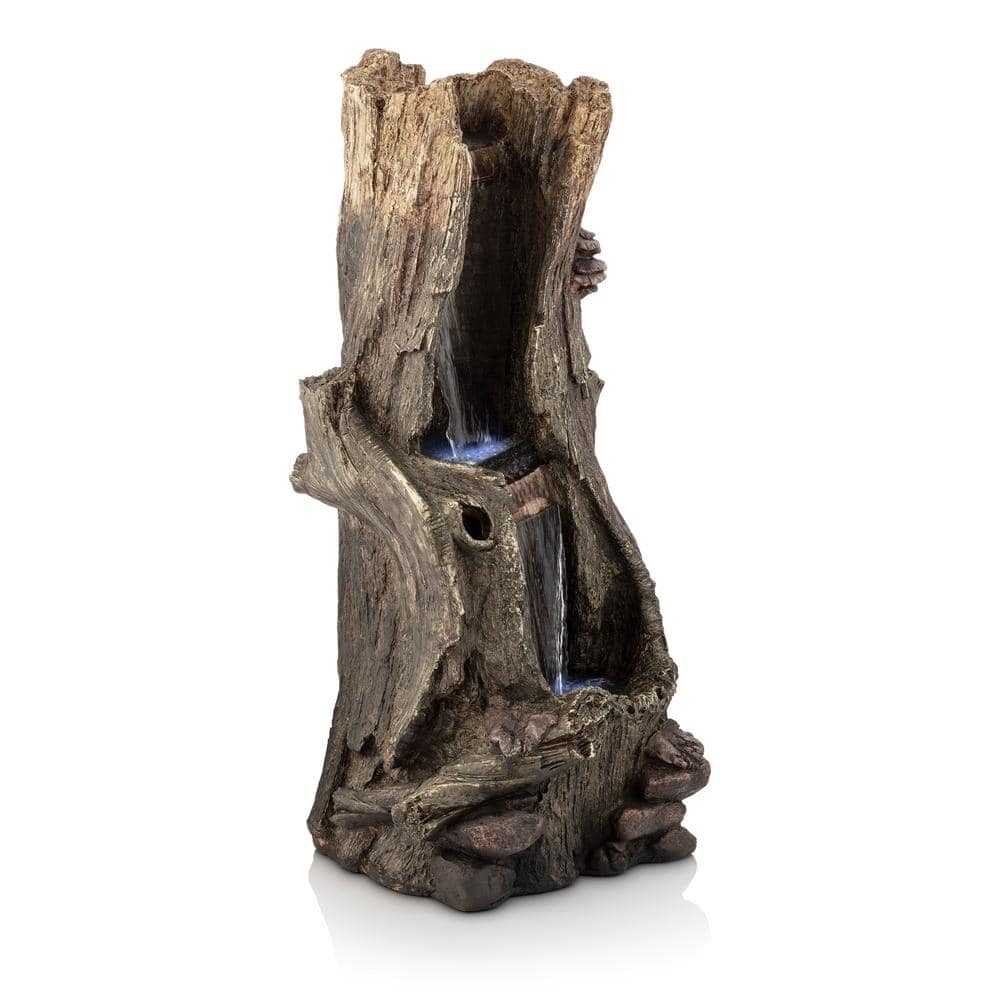 Alpine Corporation 41 in. Tall Outdoor Rainforest Waterfall Tree Trunk Fountain with LED Lights WIN258