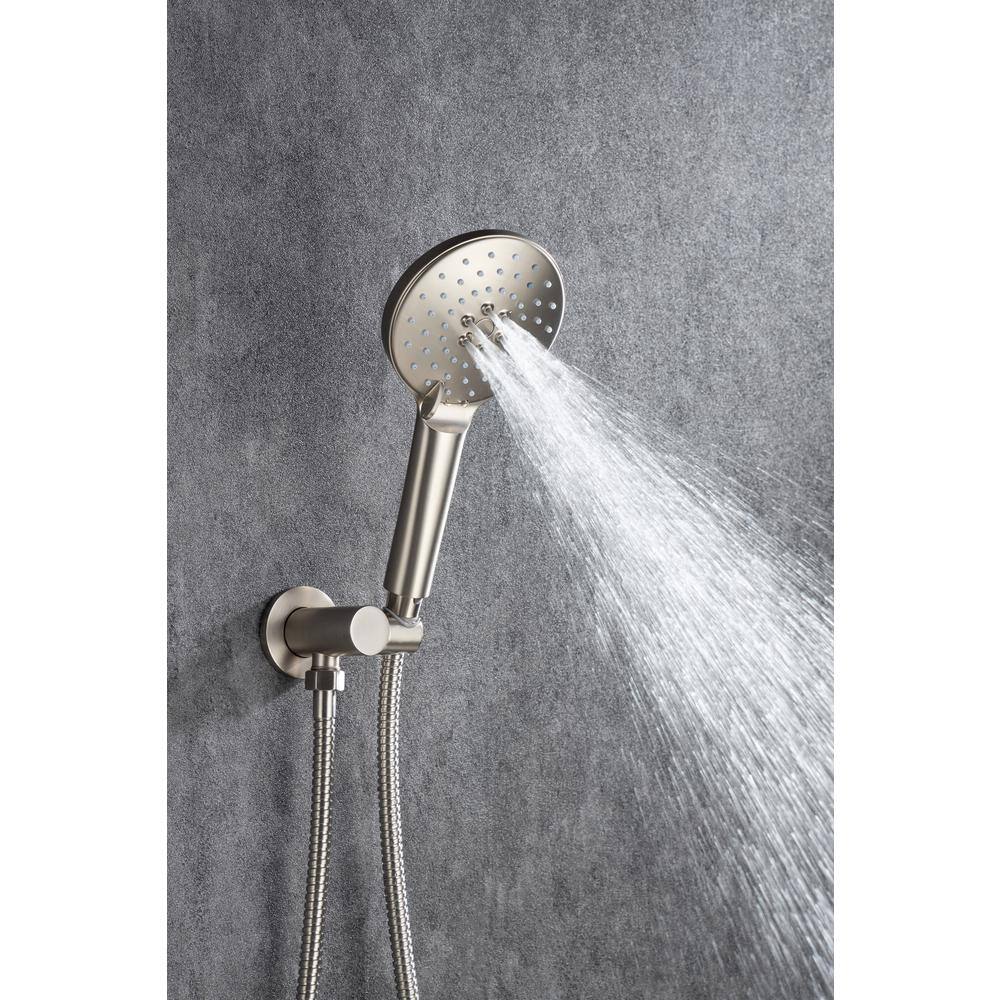 Mondawe Mondawell Round 3-Spray Patterns 10 in. Ceiling Mount Rain Dual Shower Heads with Handheld and Valve in Brushed Nickel MA-D96205BN