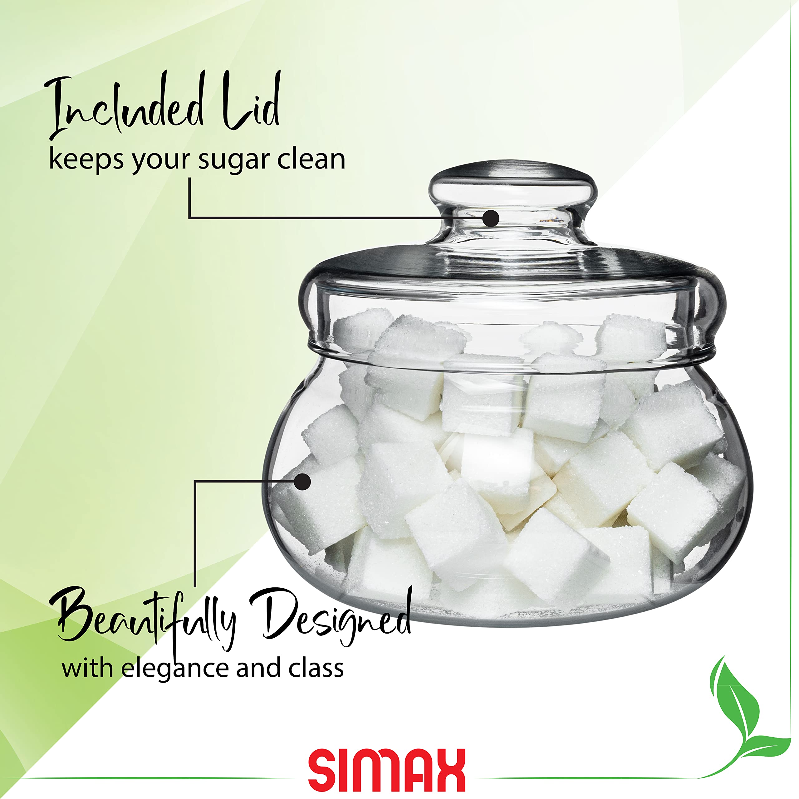 Simax Clear Glass Sugar Bowl With Lid: Borosilicate Glass Sugar Containers For Countertop - Sugar Cube Container - Sugar Jar - Sugar Bowls - Tea and Coffee Sweetener and Sugar Dish - 16 Ounce Sugar Holder