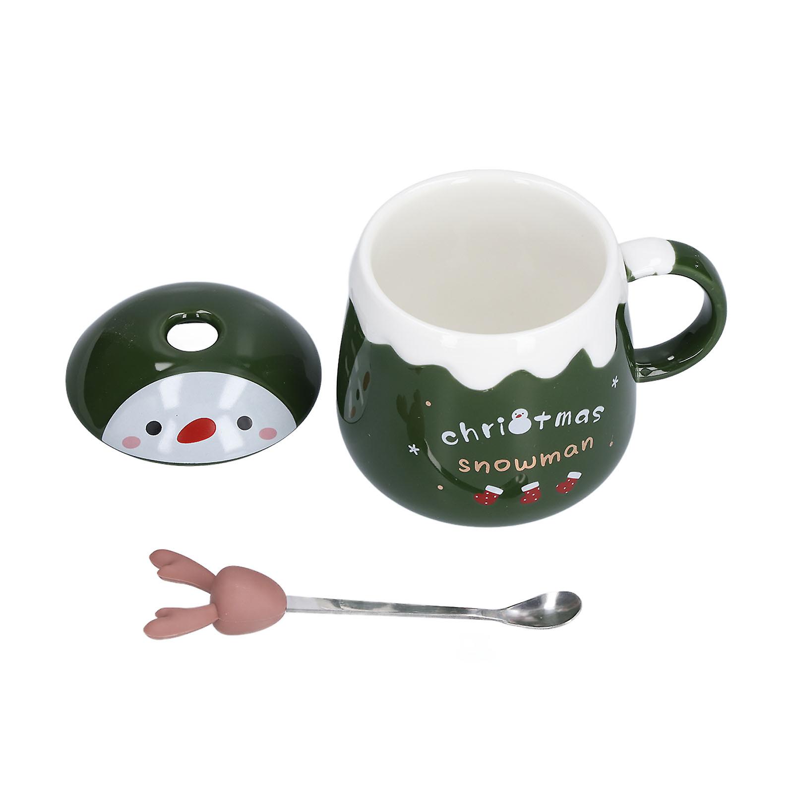 450ml Christmas Cup Cute Elk Coffee Mug Ceramic Tea Milk Cup with Lid Spoon for OfficeType D Green