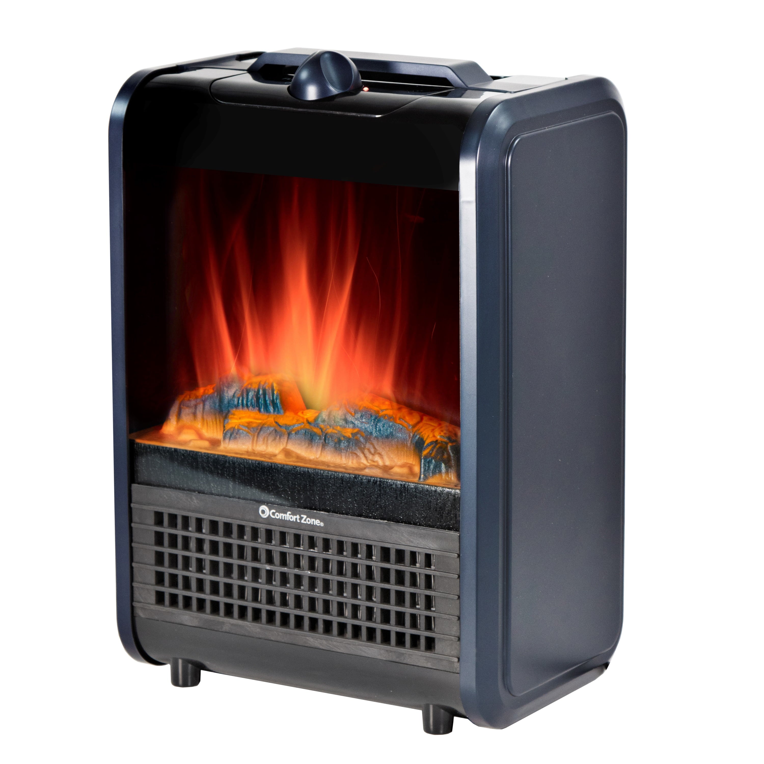 Comfort Zone 1200W Ceramic Portable Electric Table Top Fireplace Heater, Adjustable Thermostat, Simulated Flame, Matte Blue