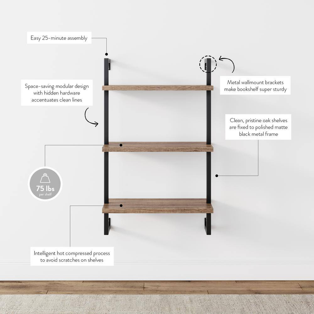 Nathan James Theo 39 in. Rustic Oak Wood Black Pipe 3-Shelf Floating Shelves Wall Mount Accent Bookcase with Metal Frame 65901