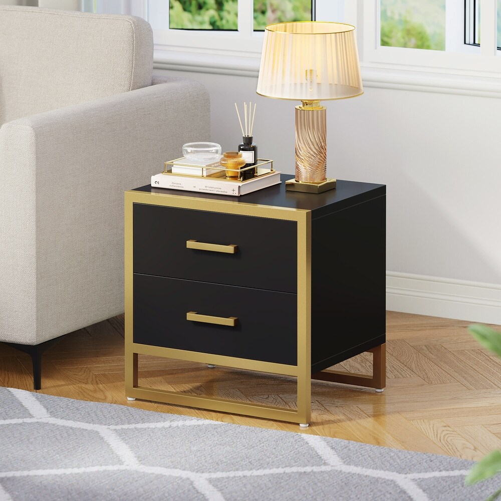 Hussain Wood 2 Drawer End Table Beside Bed Nightstand with Metal Frame