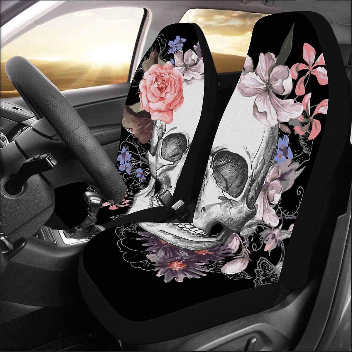 Set Of 2 Car Seat Covers Skulls With Flower Universal Auto Front Seats Protector Fits For Car，suv Sedan，truck