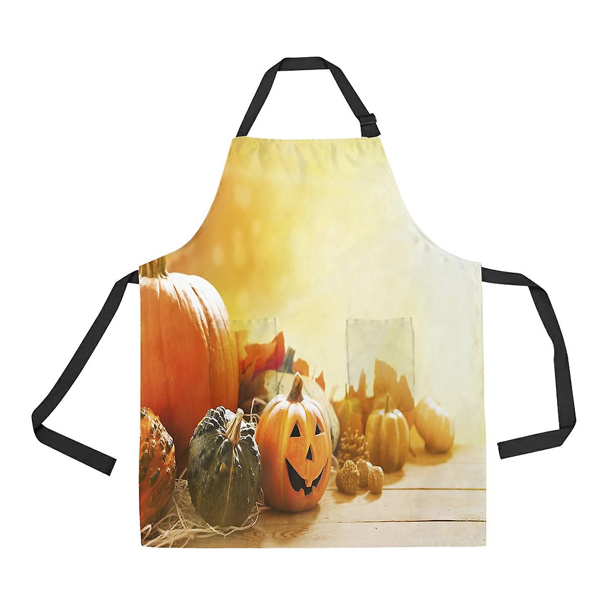 Rustic Autumn Pumpkins Jack O'lantern Golden Leaves Wooden Sunlight Apron Home Kitchen Apron With Pockets