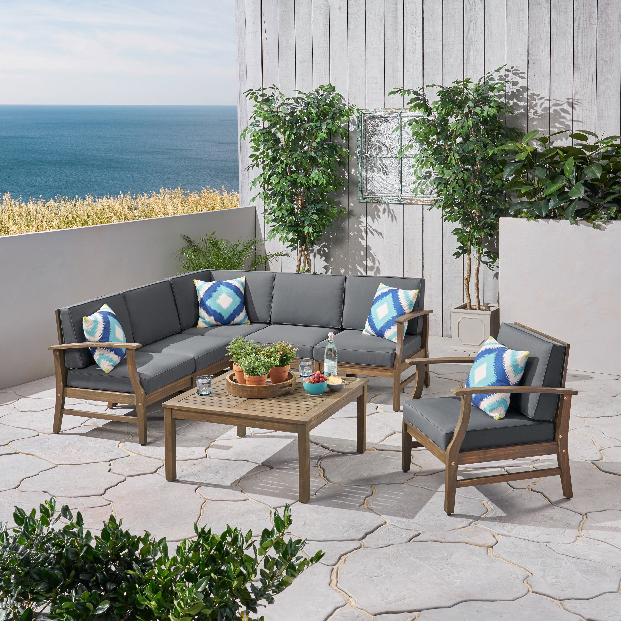 Capri Outdoor 7 Piece Acacia Wood Sectional Sofa and Club Chair Set