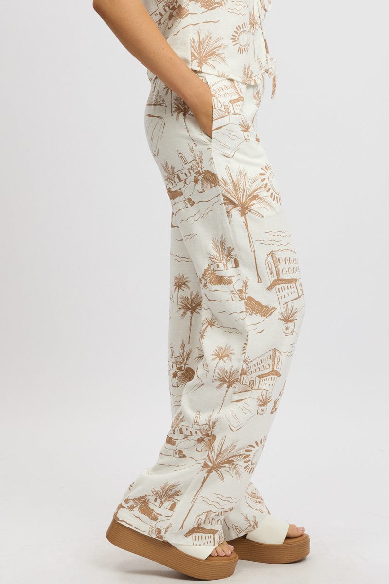 Brown Abstract Wide Leg Pants High Rise
